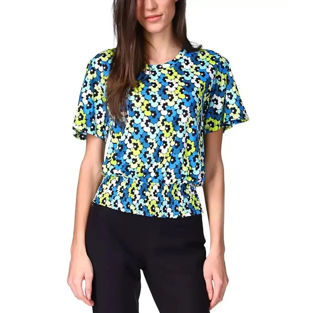 Michael Kors Blouse Womens XS Multi Floral Round Neck Smocked Hem Short Sleeve